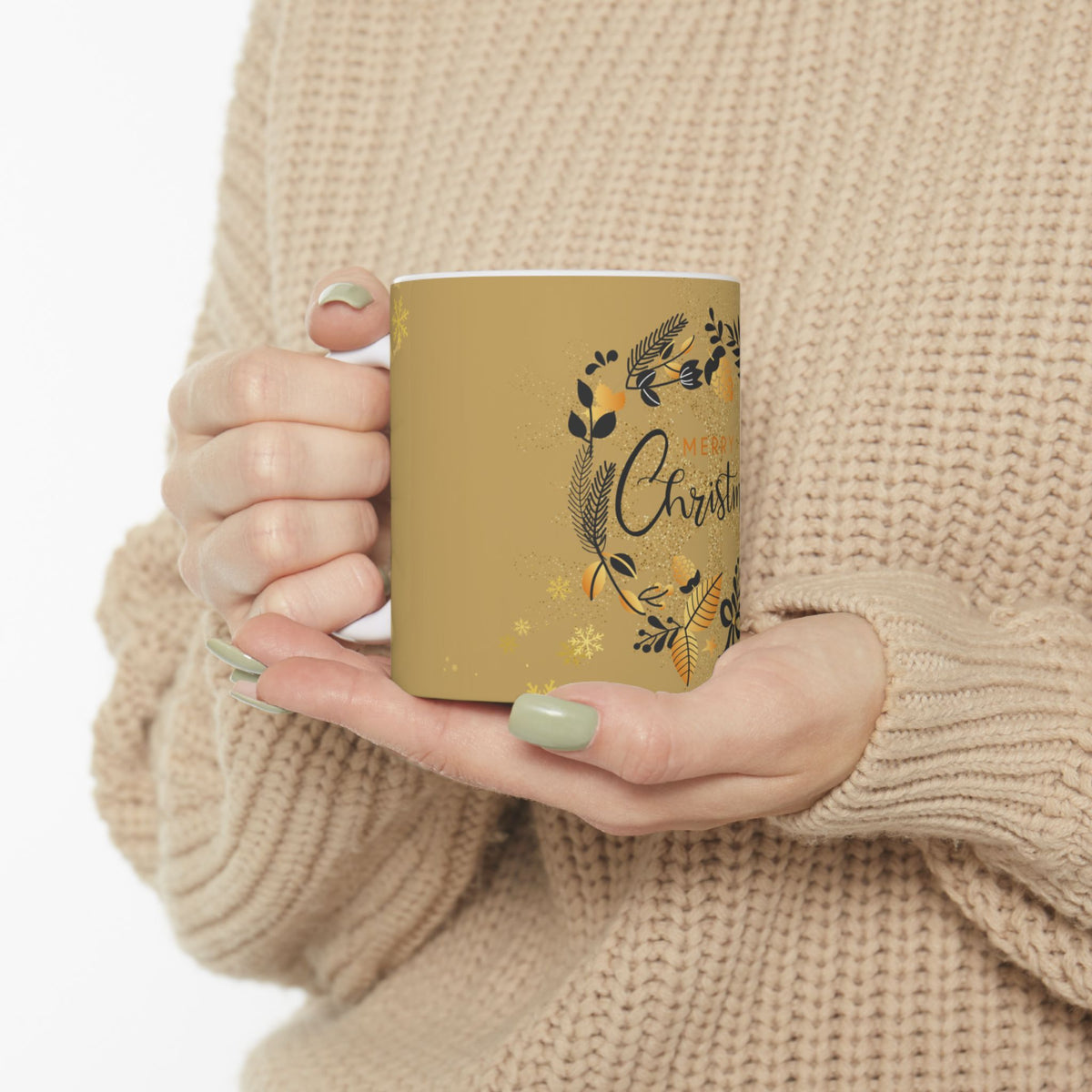Christmas Wreath Ceramic Mug — Merry Christmas Gold Holiday Coffee Cup (11oz)