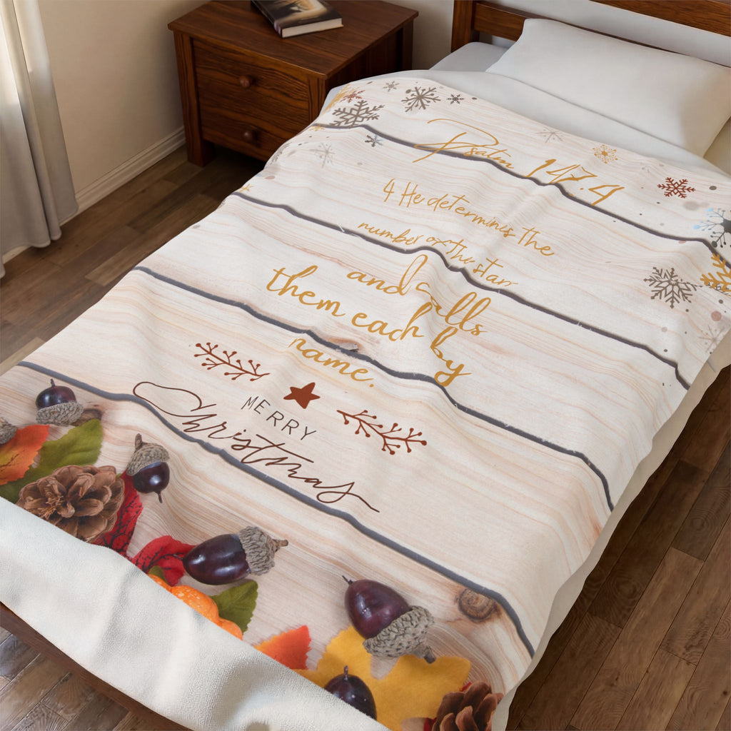 Christmas Velveteen Plush Blanket – ‘Psalms 147:4’ Bible Verse