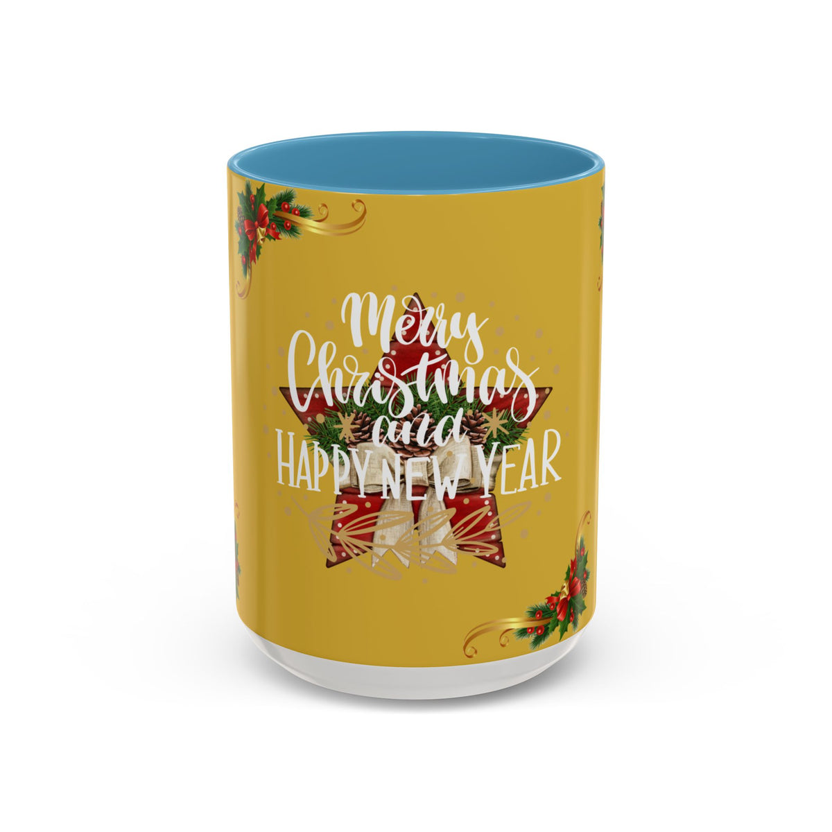 Christmas Coffee Mug - "Merry Christmas and Happy New Year" Accent Holiday Tea Cup (15oz)