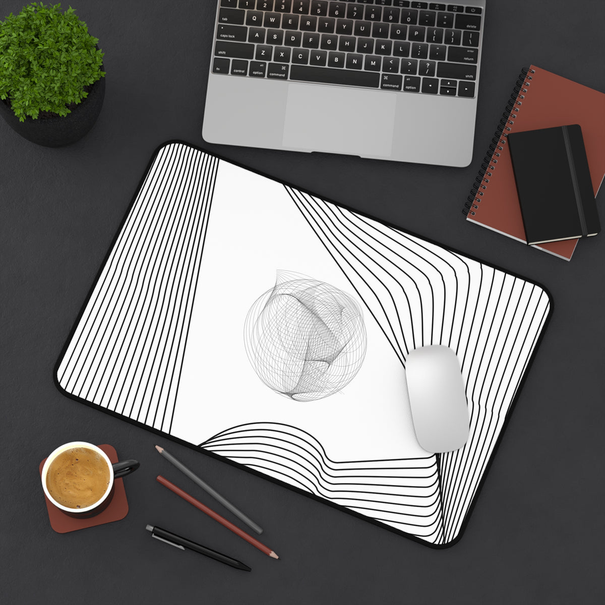 Abstract Black & White Line Art Desk Mat — Minimalist Office Mouse Pad