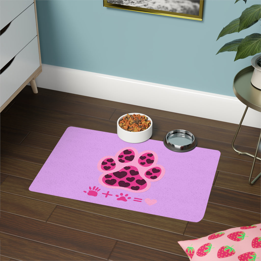 Lovely Pink Heart Paw Pet Food Mat | 12x18 Non-Slip Bowl Placemat