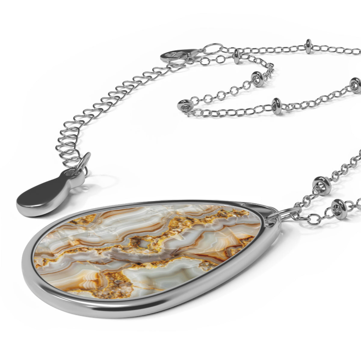 Elegant Cream & Gold Agate-Print Teardrop Pendant Necklace