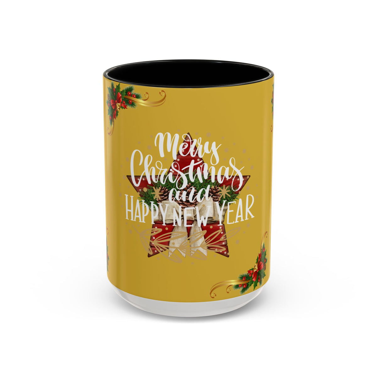 Christmas Coffee Mug - "Merry Christmas and Happy New Year" Accent Holiday Tea Cup (15oz)