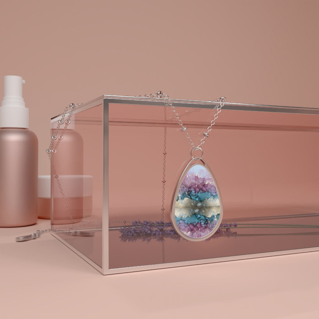 Elegant Pink & Blue Geode-Print Oval Pendant Necklace