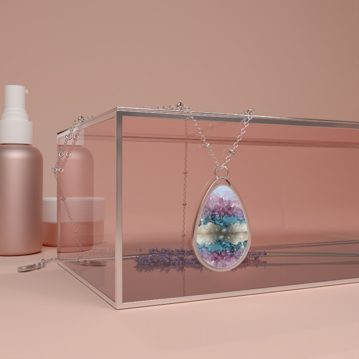 Elegant Pink & Blue Geode-Print Oval Pendant Necklace
