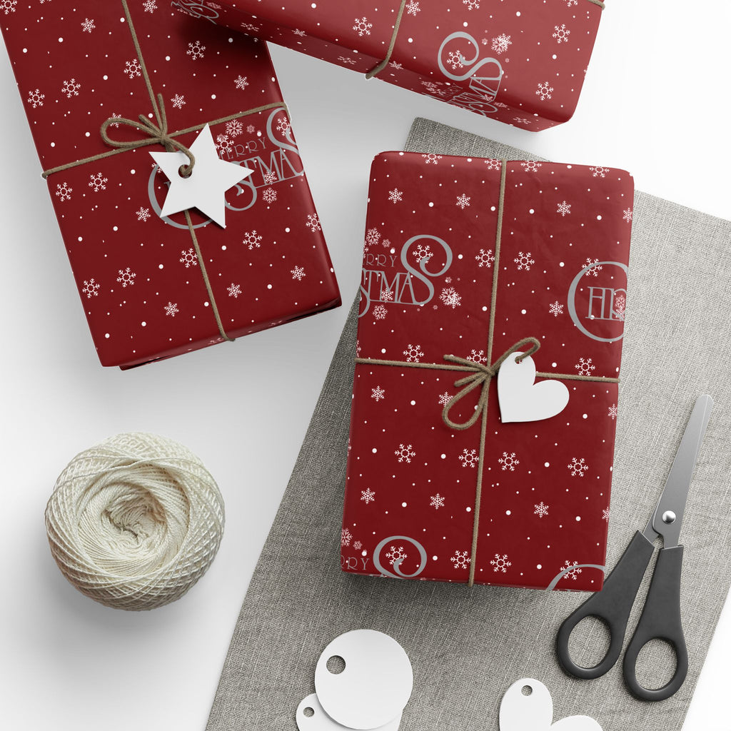 Red Christmas Wrapping Paper with Snowflakes and Holiday Ornaments