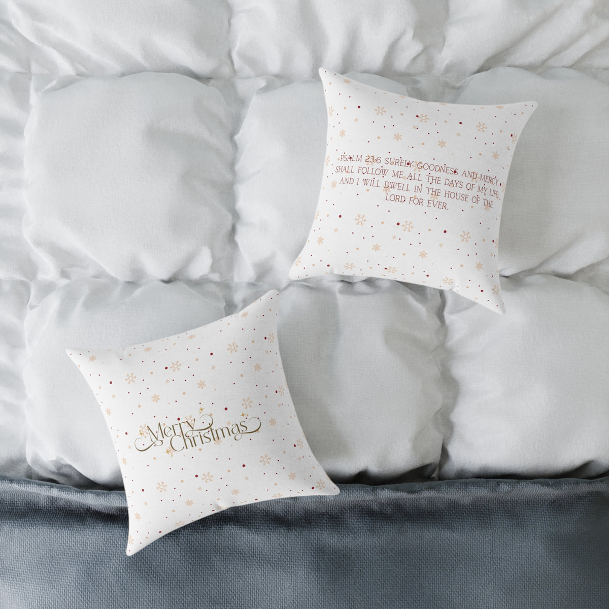 Christmas Throw Pillow - 'Merry Christmas' Gold Script with Psalm 23 Verse, Festive Star Pattern