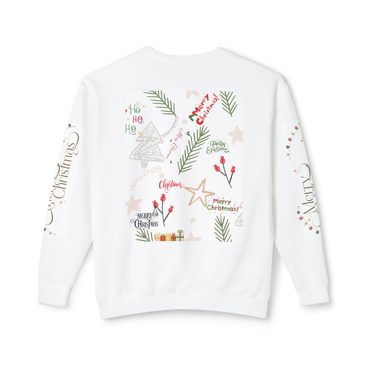 Christmas Graphic Crewneck Sweatshirt — Merry Christmas Holiday Sweater with Festive Sleeve Prints