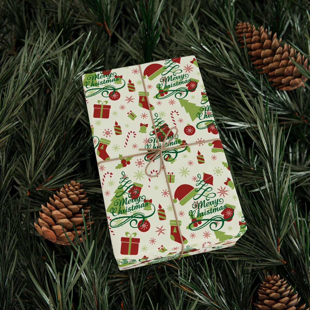 Christmas Wrapping Paper Roll — Festive Holly, Trees & Stockings Pattern