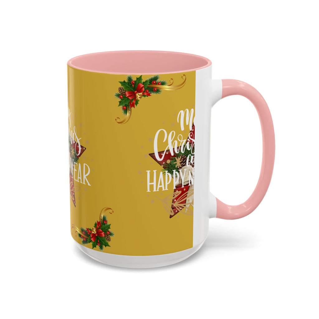 Christmas Coffee Mug - "Merry Christmas and Happy New Year" Accent Holiday Tea Cup (15oz)
