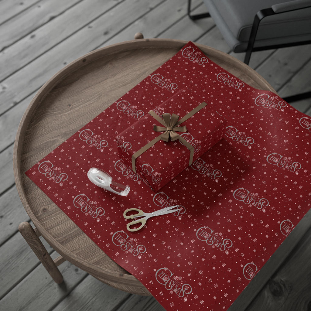 Red Christmas Wrapping Paper with Snowflakes and Holiday Ornaments