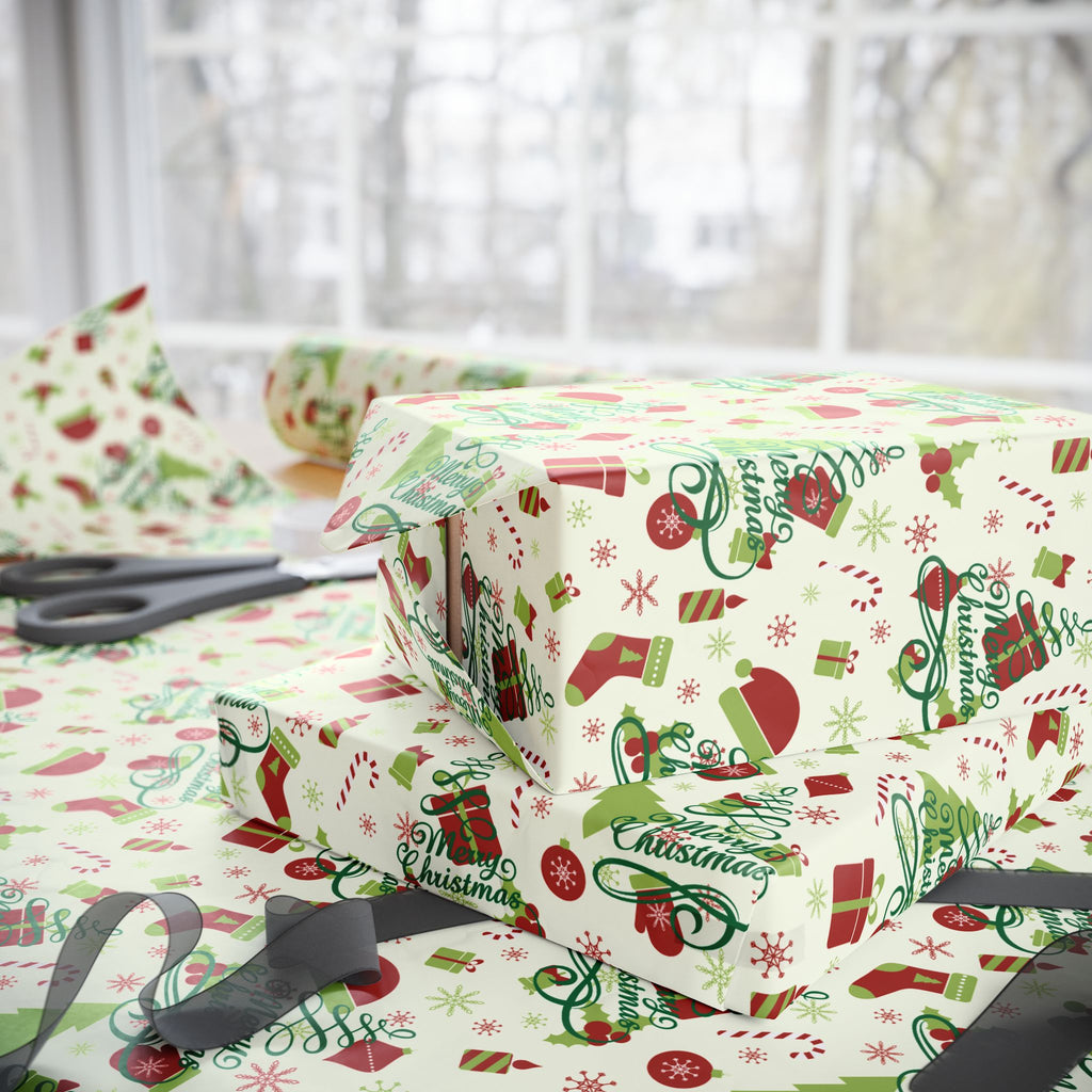 Christmas Wrapping Paper Roll — Festive Holly, Trees & Stockings Pattern