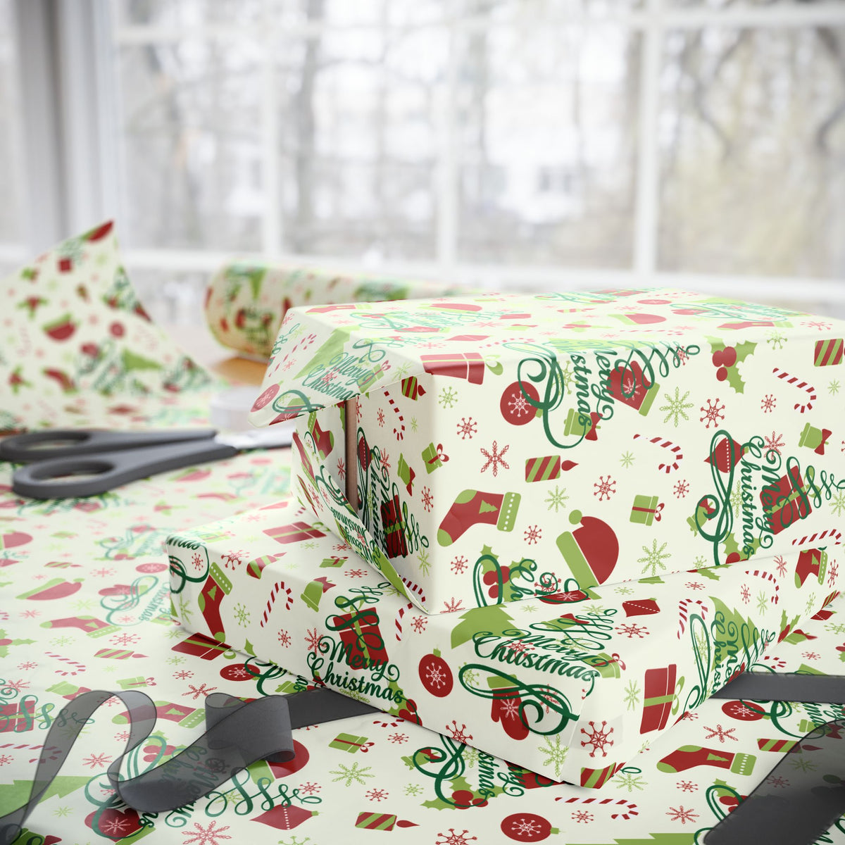 Christmas Wrapping Paper Roll — Festive Holly, Trees & Stockings Pattern