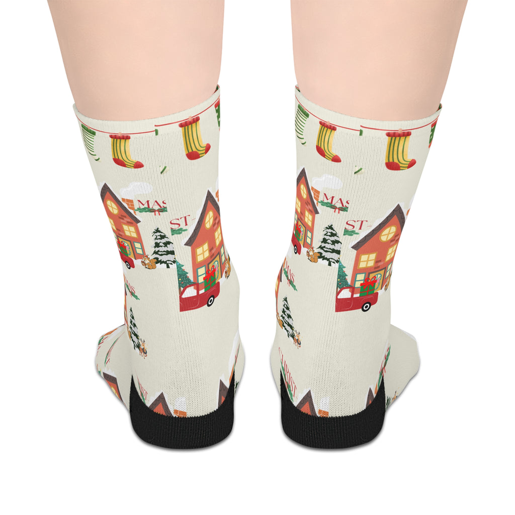 Christmas Village Mid-Length Socks — Cozy Holiday Tree & Car Pattern