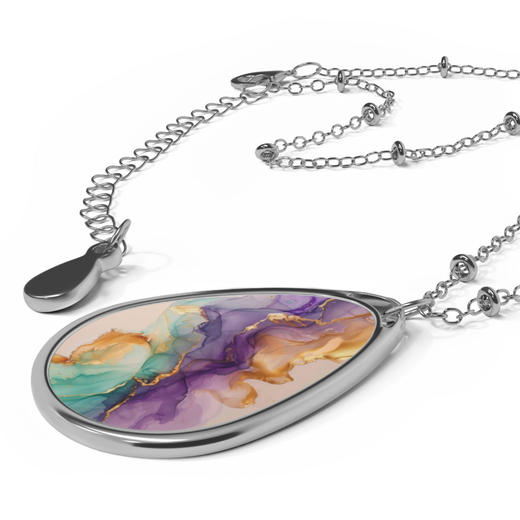 Oval Pendant Necklace — Abstract Watercolor Teal & Purple Jewelry